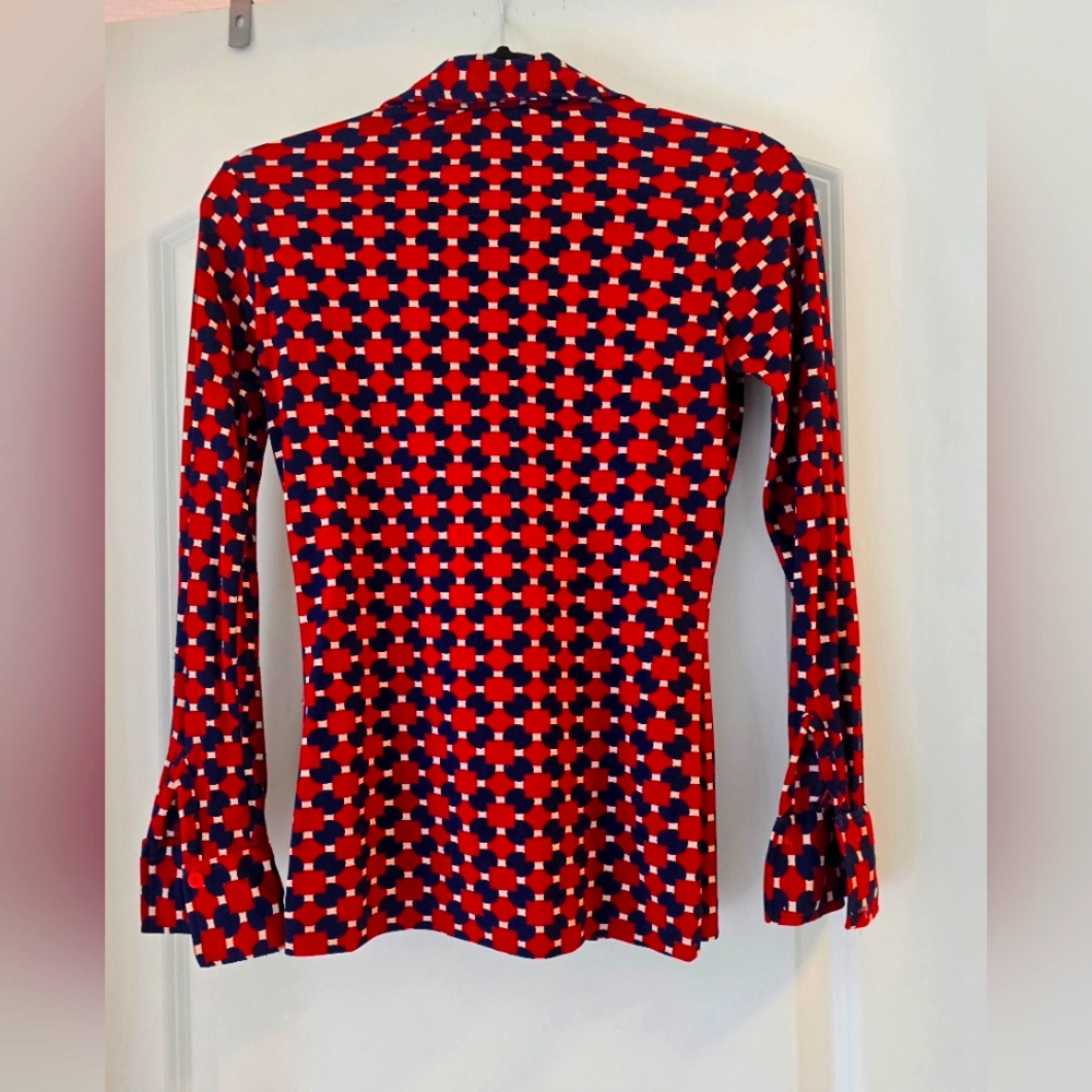 1970s Classic Polyester Burgundy And Navy Large Button Up.